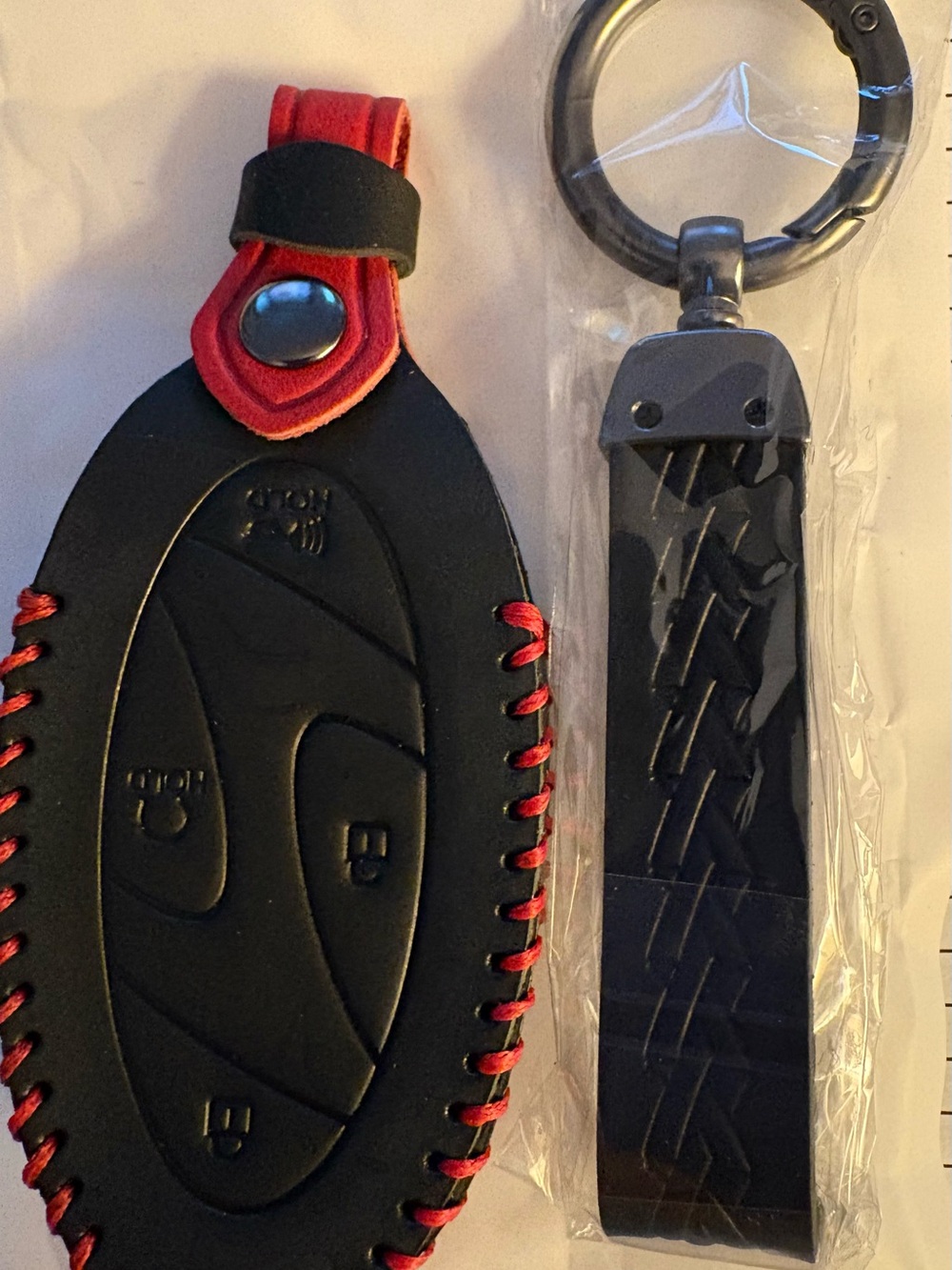 Black and Red Leather Car Key Fob Cover with Black Keychain